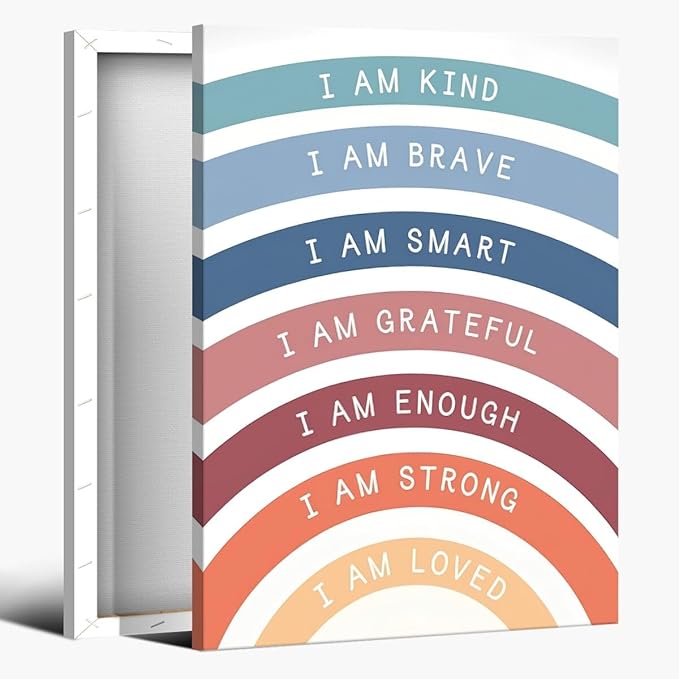 I am Kind Brave Loved Enough Motivational Canvas Wall Art Print Rainbow Quote Inspirational Art Poster Trendy Office Affirmation Wall Decor Minimalist Picture Painting Home Decor 20x30inch Framed