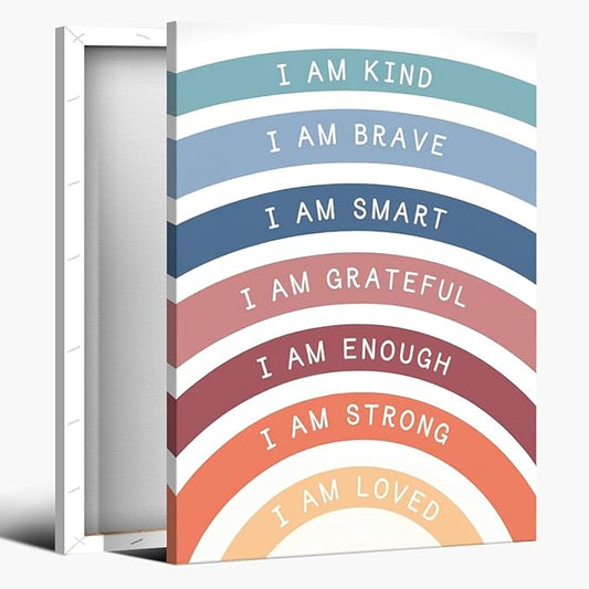 I am Kind Brave Loved Enough Motivational Canvas Wall Art Print Rainbow Quote Inspirational Art Poster Trendy Office Affirmation Wall Decor Minimalist Picture Painting Home Decor 24x36inch Framed