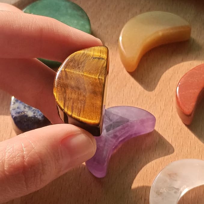 7 Chakra Stones Set Moon Phase Carved - Natural Gemstone Reiki Healing Crystal Quartz for Meditation, Healing, Collectable
