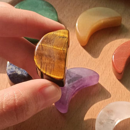 7 Chakra Stones Set Moon Phase Carved - Natural Gemstone Reiki Healing Crystal Quartz for Meditation, Healing, Collectable