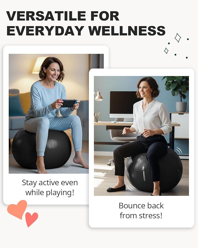 Trideer Exercise Ball for Yoga, Pilates & Fitness – Stability Ball Equipment for Home Gym & Office Chair, Core & Balance Training Accessories, Physical Therapy Equipment, Quick Pump Included, 5 Sizes