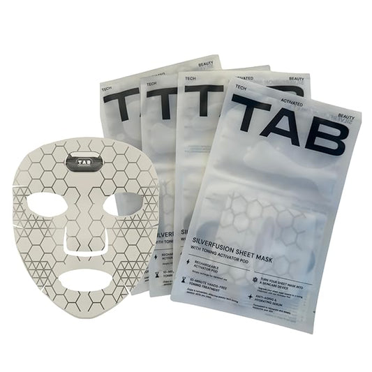 TAB SilverFusion Sheet Mask Pack with Toning Activator Pod – Silver-Infused Face Mask Set with Rechargeable Toning Device, Hydrating Sheet Masks for Men & Women
