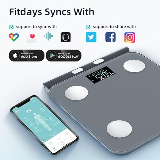 Fitdays Smart Body Fat Scale | Advanced 8-Electrode Technology for BMI/20+ Body Metrics | Full-Color LED & High Precision | Bathroom Weight Scale for Fitness/Weight Loss (FG2211LB-GREY)