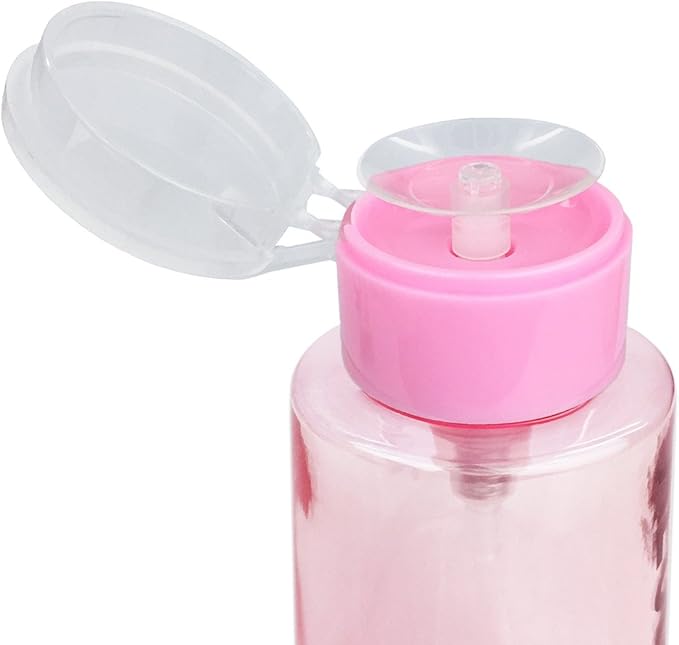 7oz Pink with Word Imprint Push Down Pump Dispenser Empty Refillerable Bottle with Flip Top Cap - for Nail Polish, Travel, Cosmetics Packaging