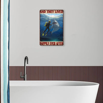 Diver And Shark Metal Tin Sign 8x12 Inch And They Lived Happily Ever After Poster Diver And Shark Tin Sign Home Kitchen Garden Bar Restaurant Cafe Office Shop Cave Man Are Wall Decor