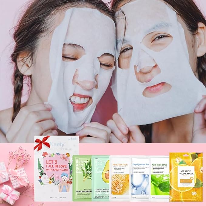 6 PCS Real Hydrating Avocado Honey Orange Aloe Vera Nature Face Masks Skincare, Hyaluronic Acid, Vitamin C and E, Chamomile, Korean Beauty Essence Facial Paper Sheet Mask for Skin Care Moisturizing