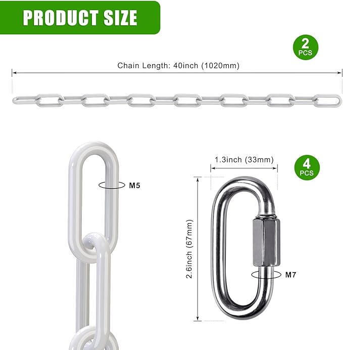 SELEWARE 2 Pcs 40" Hanging Swing Chain with 4 Carabiners, 1000LB Capacity Plastic Coated Hanging Chains, Hammock Hardware Kit for Swing, Hanging Chair, Punching Bags, Indoor Outdoor Gym (White)