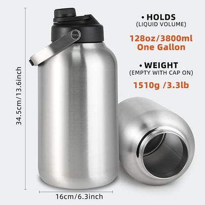 One Gallon Water Bottle, 128oz Stainless Steel Insulated Water Bottle For Hot & Cold Drinks, BPA-Free, Wide Mouth, Leak-Proof Big Water Jug With Handle For Sports, Travel, Hinking & Camping, Silver