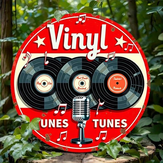 1pc Vintage Aluminum Metal Sign - Vinyl Tunes Round Wall Art - Classic Records & Retro Microphone Design - Ideal for Bar, Cafe, Music Room Decor - 7.8" Diameter