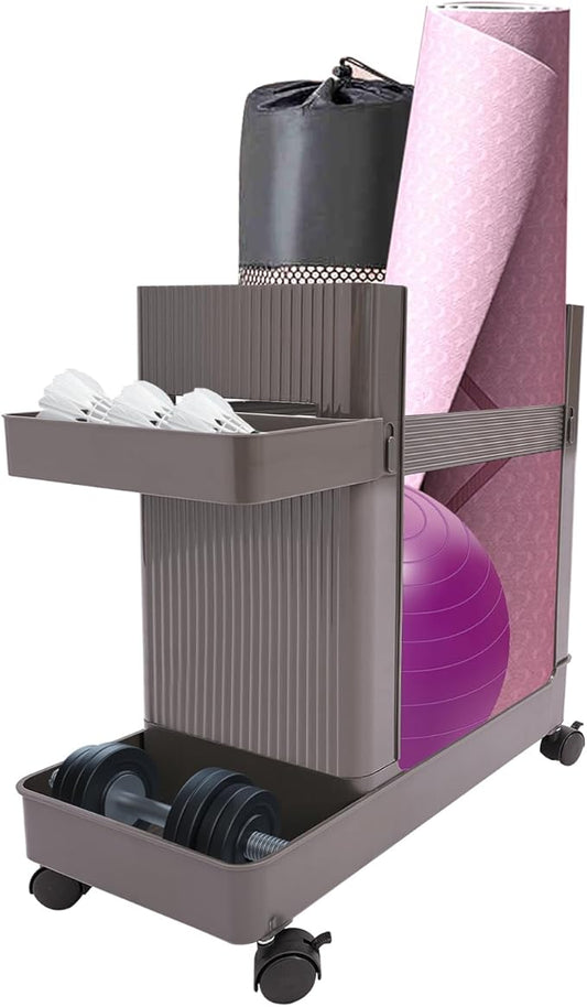 Yoga Mat Storage Rack with Wheels, Weight Cart Stand Small Gym Racks Yoga Racks, Storage Organizer Home Gym Equipment for Homes, Gyms, Schools (Grey)