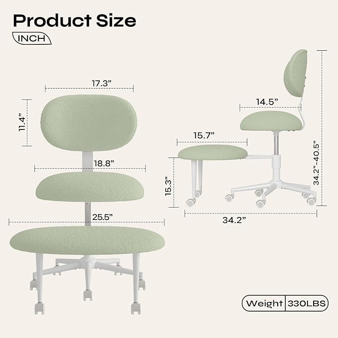 Ergonomic Cross Legged Office Chair with Wheels, ADHD Chair for Adults, Meditation Chair, Yoga Office Chair, Comfortable Back Support, Height Adjustable,Small Spaces, Teddy Fabric, Green