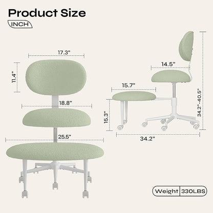 Ergonomic Cross Legged Office Chair with Wheels, ADHD Chair for Adults, Meditation Chair, Yoga Office Chair, Comfortable Back Support, Height Adjustable,Small Spaces, Teddy Fabric, Green