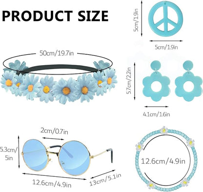 Hippie Costume Accessories Set Peace Sign Necklace Sunglasses Flower Headband Earrings for 60s 70s Outfit Party Women