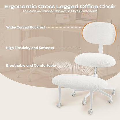 Ergonomic Cross Legged Office Chair with Wheels, ADHD Chair for Adults, Meditation Chair, Yoga Office Chair, Comfortable Back Support, Height Adjustable,Small Spaces, Teddy Fabric, White