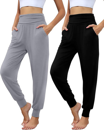 2 Pack Women's Yoga Joggers, Cozy Sweatpants with Pockets Casual Loose Comfy High Waisted Lounge Pants