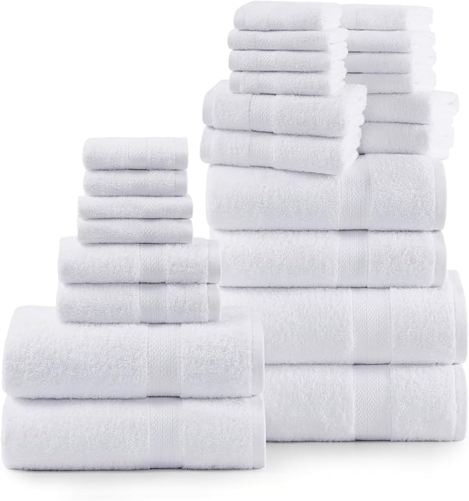 LANE LINEN 100% Luxury Cotton Bathroom Towel Set - 24 Pcs - Fluffy, Super Soft & Absorbent - 2 Bath Sheets, 4 Bath Towels, 6 Hand Towels, 8 Washcloths, 4 Fingertip- Hotel Quality Towel Set - White