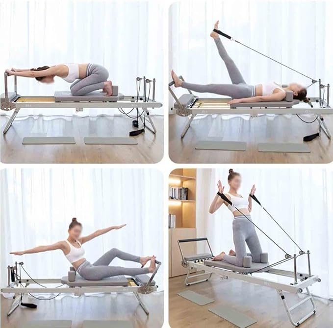 Pilates Reformer Machine, Multifunction Portable Adjustable Reformer, for Home Gym Indoor, Women Yoga Workout, Foldable Exercise Equipment, Training Weight,Off White