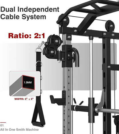 DONOW Smith Machine with Weight Stacks Power Cage Squat Rack Dual Cable Crossover Machine Home Gym Systems Station LAT Pull Down