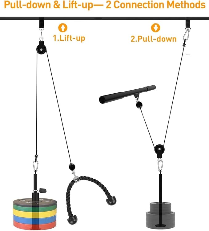 Fitness LAT and Lift Pulley System for Home Gym,Dual Weight Cable Pulley System Cable Machine Attachments with Upgraded Loading Pin for Biceps Curl, Tricep, Arm Workouts Home Gym Pulley System