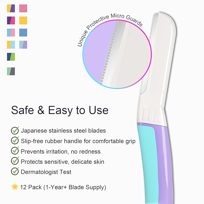 Face Razors for Women, Dermaplane Razor for Women Face, Eyebrow Razor, Dermaplaning Tool, Skin Safe Microblades, Peach Fuzz Remover, Skin Care Tool, Travel Essentials, (12ct, Wisteria)