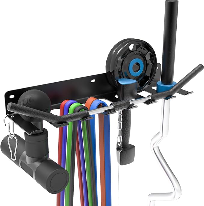 Multi-Purpose Gym Equipment Storage Rack, Wall-Mounted Heavy Dudy Home Gym Accessory Storage Rank for Resistance Bands, Barbells, Lifting Belts, 8 Prongs