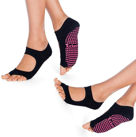 Tucketts Toeless Pilates Socks with Grips for Women, Non-Slip Yoga & Barre Socks for Stability & Barefoot Workouts, Size 6-13