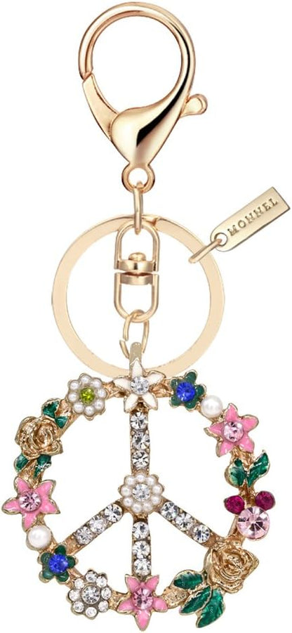 Bling Crystal Flower Peace Sign Key Ring Creative Packaging with Velvet Bag MZ843-1