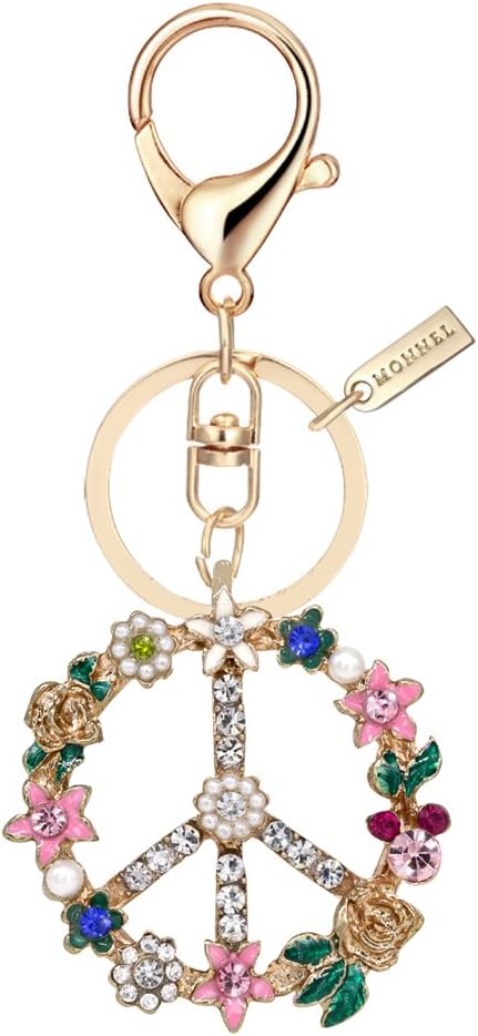 Bling Crystal Flower Peace Sign Key Ring Creative Packaging with Velvet Bag MZ843-1
