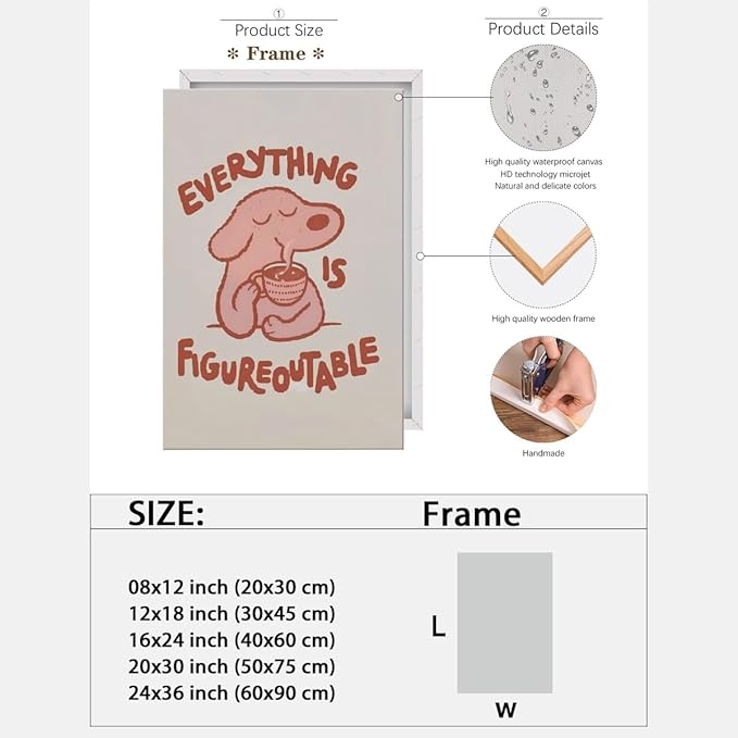 Everything is Figureoutable Motivational Canvas Wall Art Print Cute Dog Quote Inspirational Art Poster Mental Health Home Office Kids Affirmation Wall Decor Minimalist Picture 8x12inch Framed