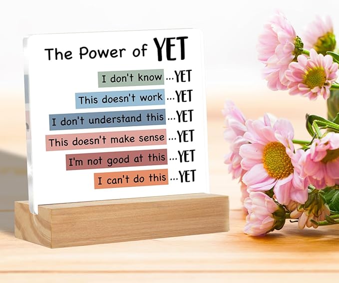 Mental Health Desk Decor, Motivational Growth Mindset Desk Signs the Power of Yet Acrylic Plaque Sign Therapy Office Classroom Decoration 4 x 4 Inches