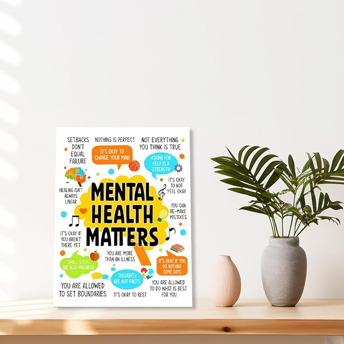 YEOION Mental Health Matters Wall Decor,Therapy Office Mental Health Wall Art Canvas Framed Poster Print for Calming Corner Classroom School Counselor Wall Decor 12 x 15 in