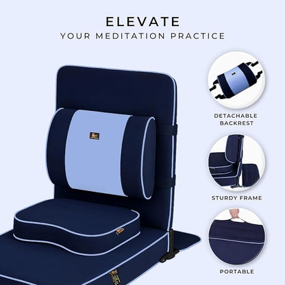 Friends Of Meditation Extra Large Meditation Chair | Floor Chair with Back Support | Yoga Chairs for Adults | Portable Folding Chair | Yoga Chair with Cushion & Meditation Block | Navy Blue | 24x22 in