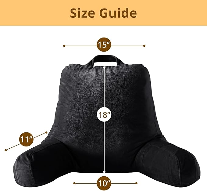 Sasttie Reading Pillow, Velvet Back Pillow for Bed Sitting Up, Adult Back-Rest Support Cushion with Arms for Sit Up on Couch, Sofa, and Floor, Dorm Essentials, Reading Accessories, Black