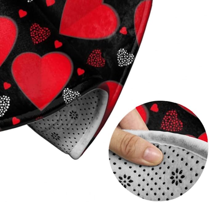 Soft Round Yoga Carpet, Large Home Decor Mat, Non-Slip Machine Washable Kitchen Office Circle Rug Compatible with Valentine's Day Elegant Red Love Heart Black