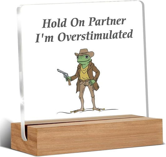 Caution Overstimulated Desk Sign, Hold On Partner I'm Overstimulated Acrylic Plaque Gifts for Coworkers Friends, Funny Office Desk Decor