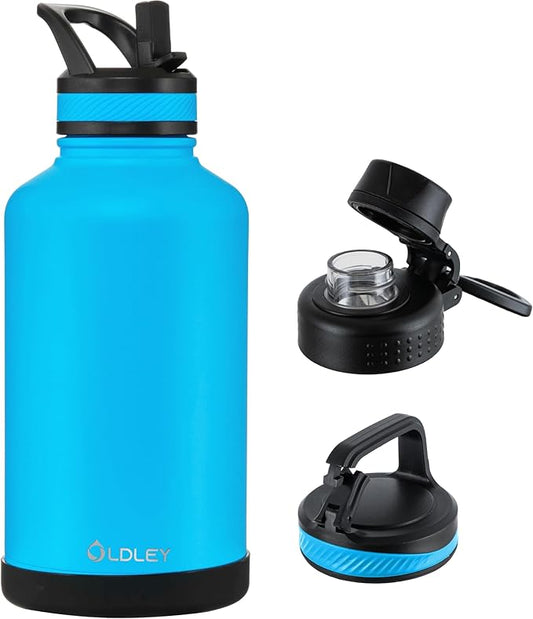 OLDLEY 64 oz Insulated Water Bottle With Straw, Stainless Steel Sports Water Cup Flask with 3 Lids(Straw, Spout and Handle Lid) Double Walled Travel Thermal Canteen Mug,Sky Blue