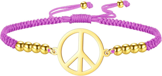 LIKGREAT Peace Sign Pendant Bracelet for Women Peace Symbol Adjustable Handmade Braided Wax Cords Beaded Bracelet