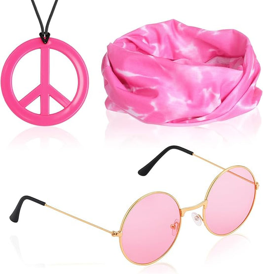 Norme 3 Pcs Hippie Costume Accessories 70s Peace Sign Necklace Tie Dye Hippie Headband Sunglasses Halloween Party Decor