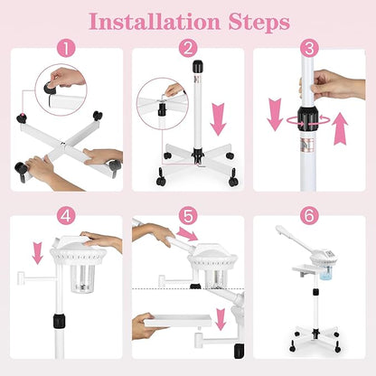Facial Steamer Professional, Facial Steamer on Wheels with Storage Platform, Face Steamer with More Steam for Deep Cleansing and Hydration, Estheticians Steamer for Beauty, Spa and Home Use（White）