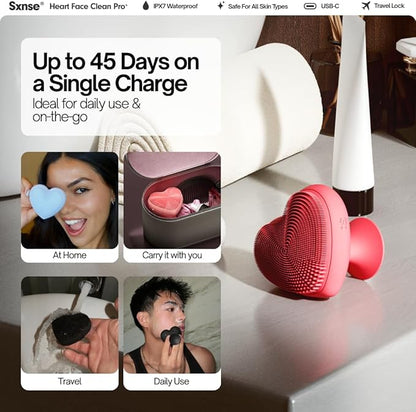 Heart Face Clean Pro⁺ Electric Facial Cleansing Brush - Silicone Facial Scrubber for Acne - IPX7 Waterproof, Rechargeable Exfoliator with Slip-Free Grip & 3 Speed Settings - Phthalate-Free - Cherry