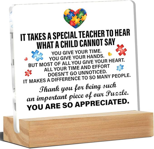 Autism Teacher Gifts: Acrylic Desk Plaque Sign, 4 x 4 Inches