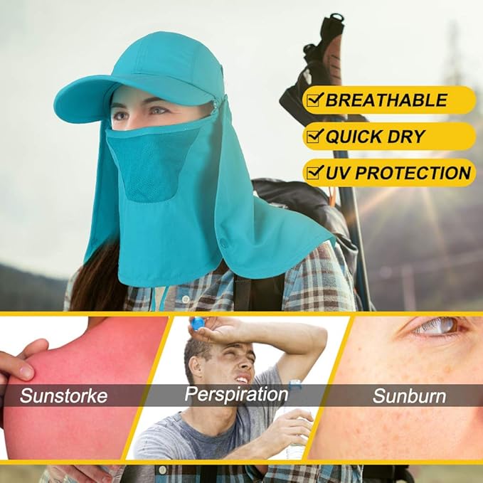 Foldable Sun Cap, Fishing Hats, UPF 50+ Protection Caps with Face Mask Neck Flap