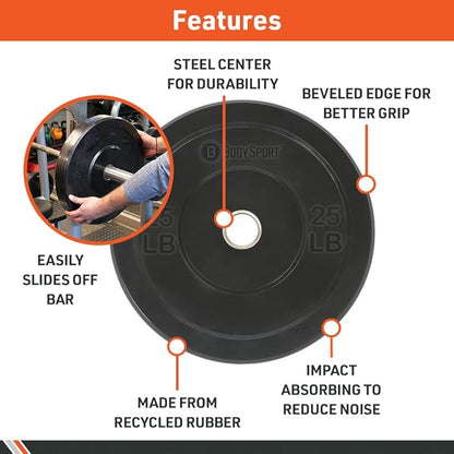 Body Sport 2” Rubber Olympic Bumper Plate Plate Set – Bumper Weight Plates – Set of Free Weights for Strength Training – Impact Absorbing Bumper Plates with Stainless Steel Insert