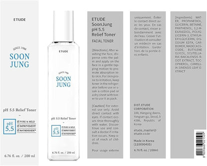 ETUDE SoonJung pH5.5 Relief Toner, Toner for Face, Hydrating Toner for Sensitive Skin, Vegan Face Toner, Panthenol, Madecassoside, Moisturizer, Korean Skin Care, Korean Toner, Beauty (6.76 Fl Oz)