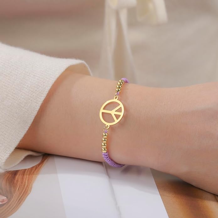 LIKGREAT Peace Sign Pendant Bracelet for Women Peace Symbol Adjustable Handmade Braided Wax Cords Beaded Bracelet