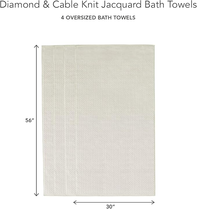 Texere 100% Organic Cotton Jacquard 650 GSM Premium Bath Towel Sets - Extra Absorbent Quick Dry and Plush (Cable, Birch, 4 Bath Towels)