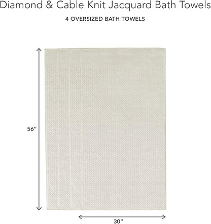 Texere 100% Organic Cotton Jacquard 650 GSM Premium Bath Towel Sets - Extra Absorbent Quick Dry and Plush (Cable, Birch, 4 Bath Towels)