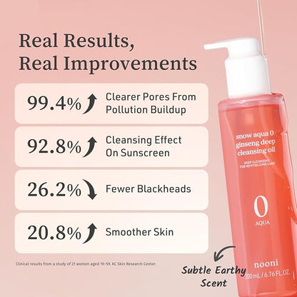 NOONI Facial Cleanser - Snow Aqua 0 Ginseng Deep Cleansing Oil | Makeup Blackhead Remover, Pore Care Control, Glass Skin, Helps Control Sebum, Revitalizing Care, 6.76 FL.Oz (200 ml)