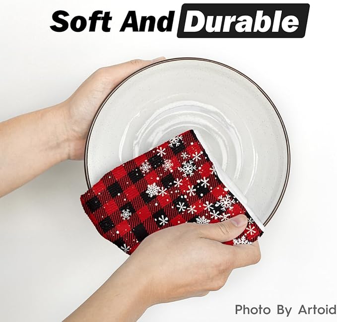 Artoid Mode Red Buffalo Plaid Snowflakes Christmas Kitchen Towels Dish Towels, 18x26 Inch Farmhouse Holiday Winter Decoration Cleaning Set of 2