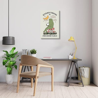 Everything is Figureoutable Motivational Canvas Wall Art Print Frog with Coffee Quote Inspirational Art Poster Mental Health Home Office Affirmation Wall Decor Minimalist Picture 16x24inch Unframed